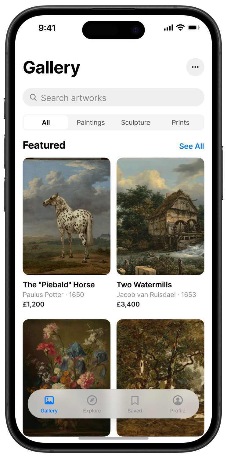 The Gallery rebuilt to the Human Interface Guidelines: large title, 4pt grid, system colours and continuous corner radii